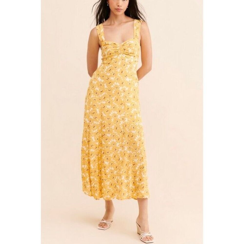 Free People size XS Rosalie Gold Daisy Print Midi Dress Coquette Romantic Girly